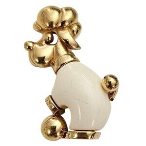 Trifari Crown Over T Gold Tone Off White Lucite Dog Brooch, Signed